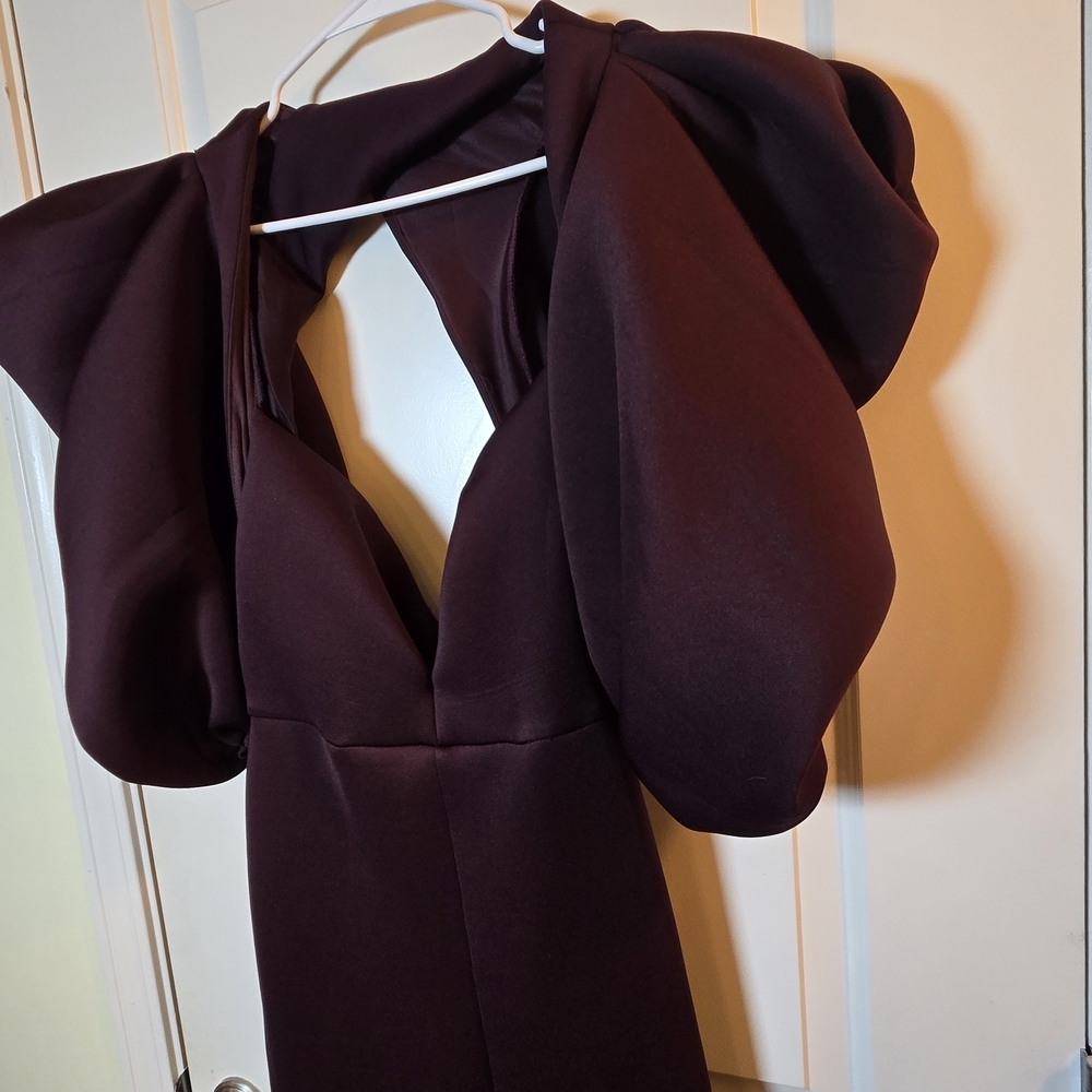 Elegant Burgundy Puff Sleeve Open Back Gown